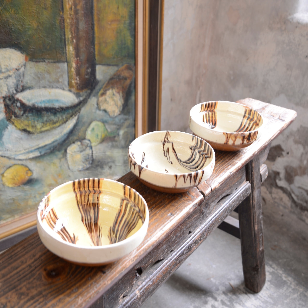 Three Hungarian Folk Art Slipware Bowls