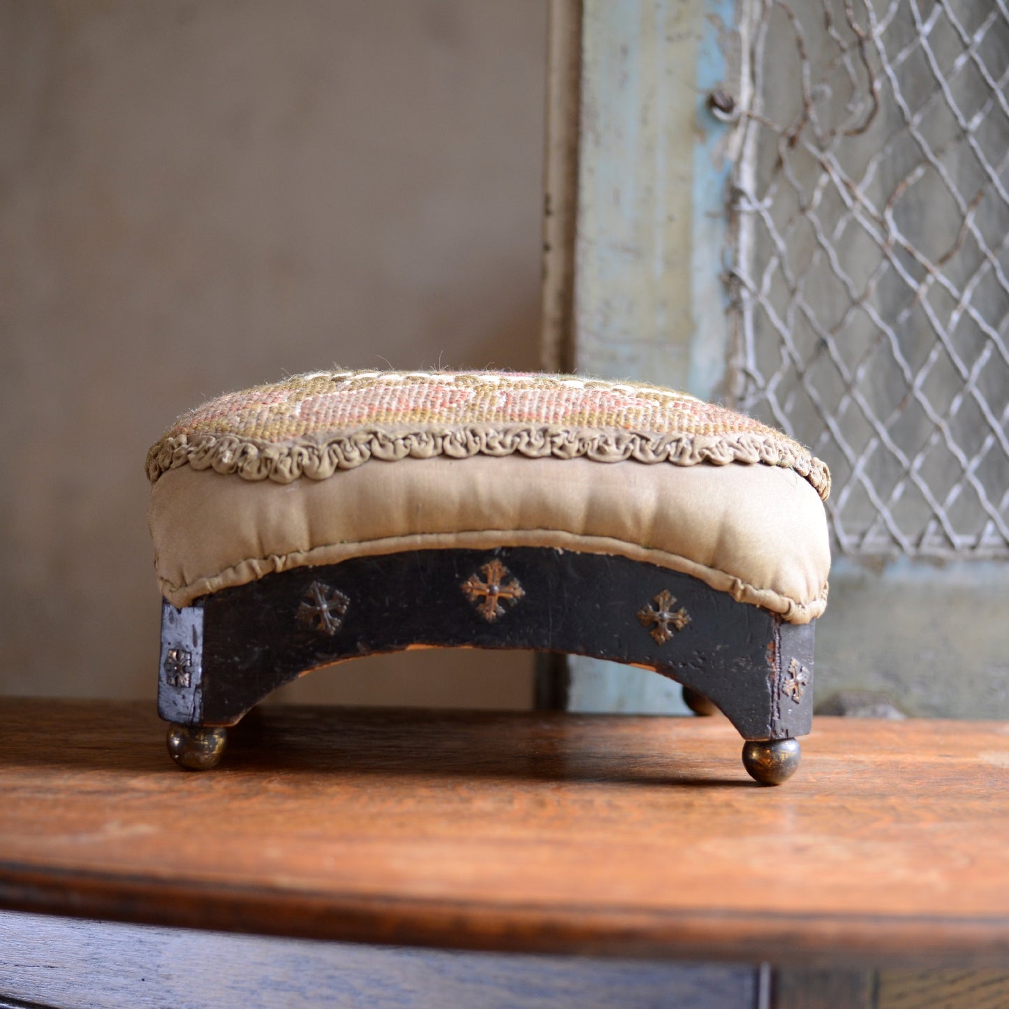 Antique Ebonised Foot Stool with brass feet & Original Tapestry Top