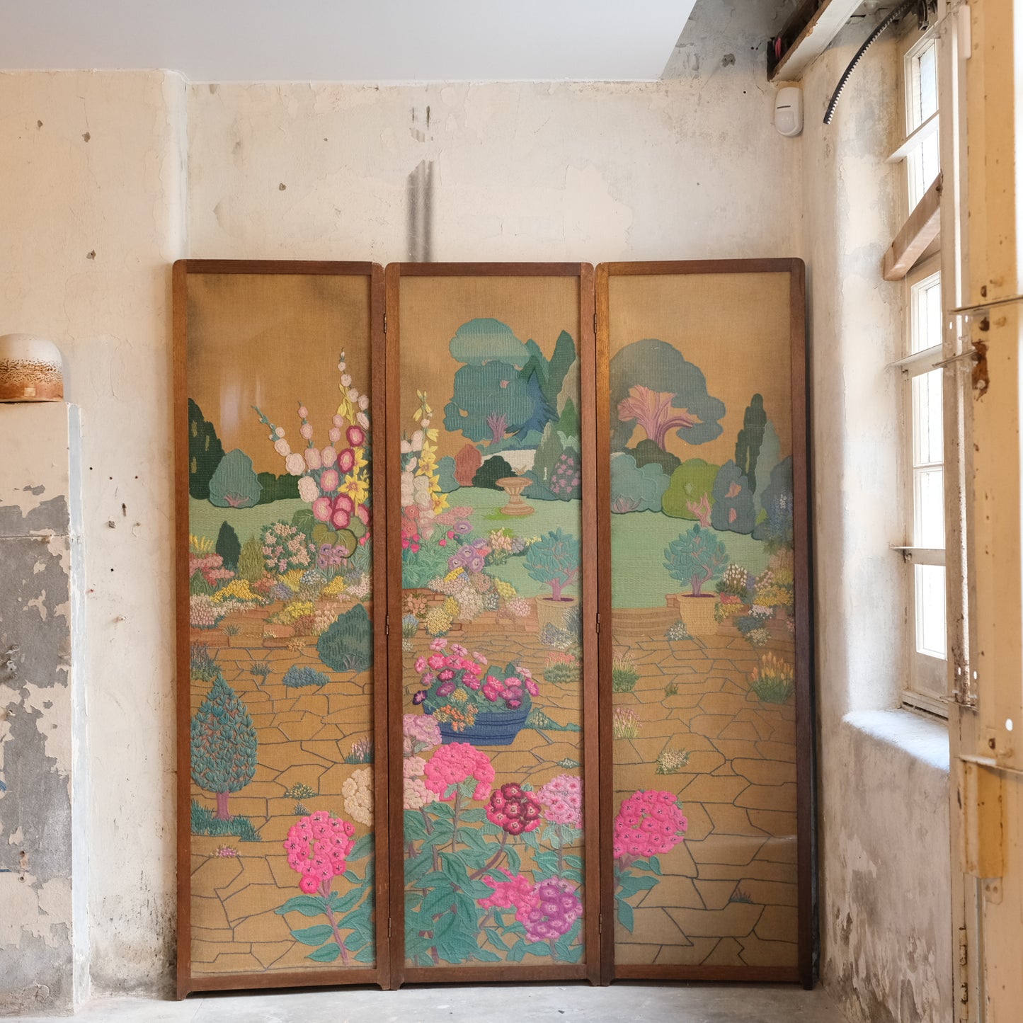 1940’s profusely Embroidered 3 Part Folding Screen