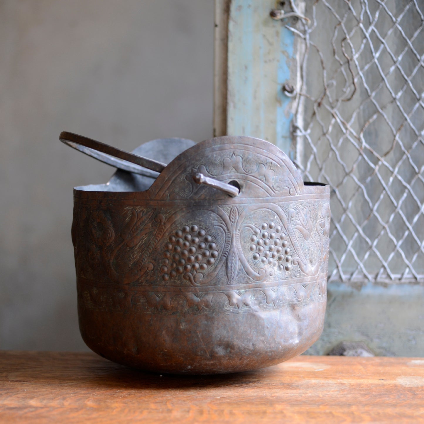 Antique Hand Embossed and Chiselled Decorative Copper Bucket