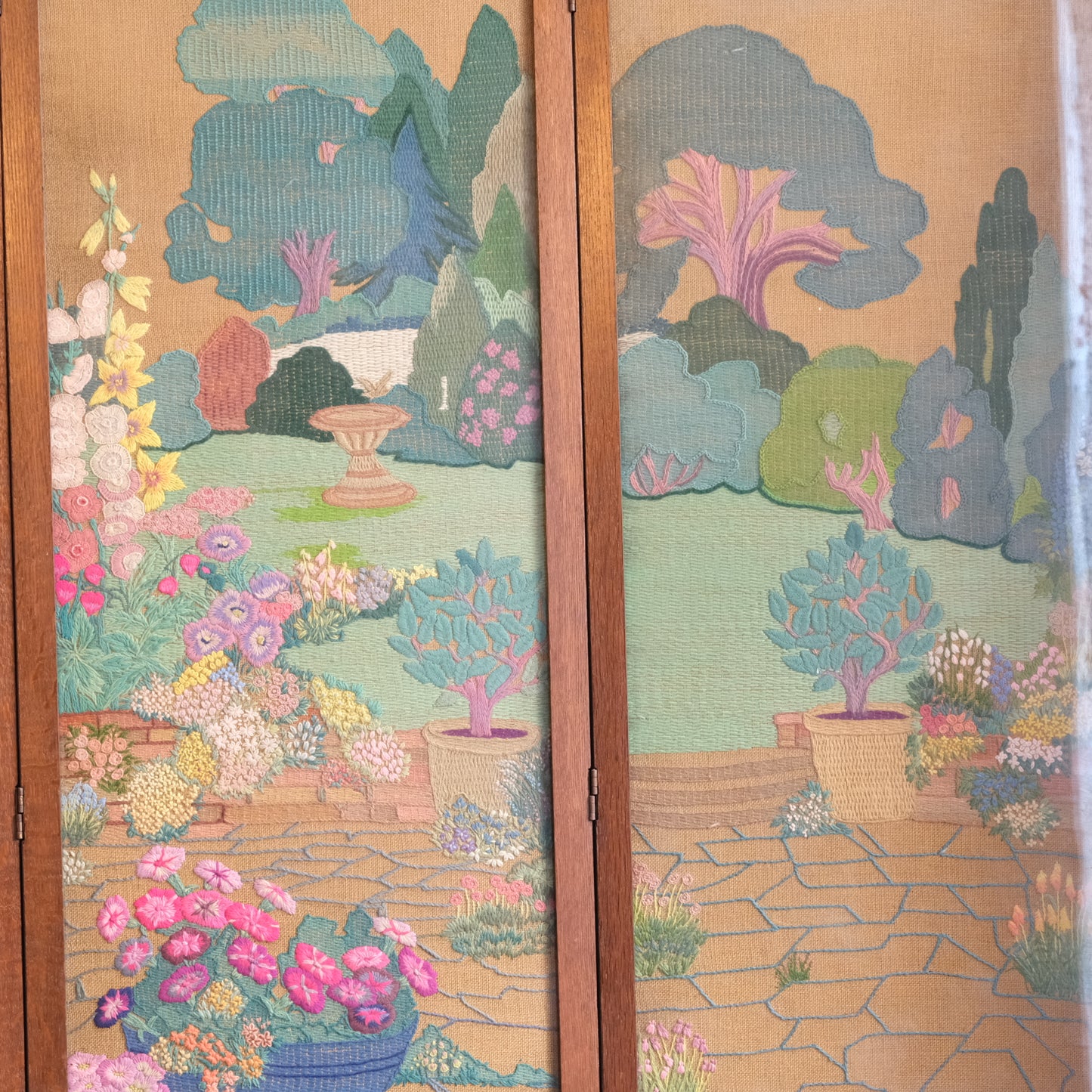 1940’s profusely Embroidered 3 Part Folding Screen