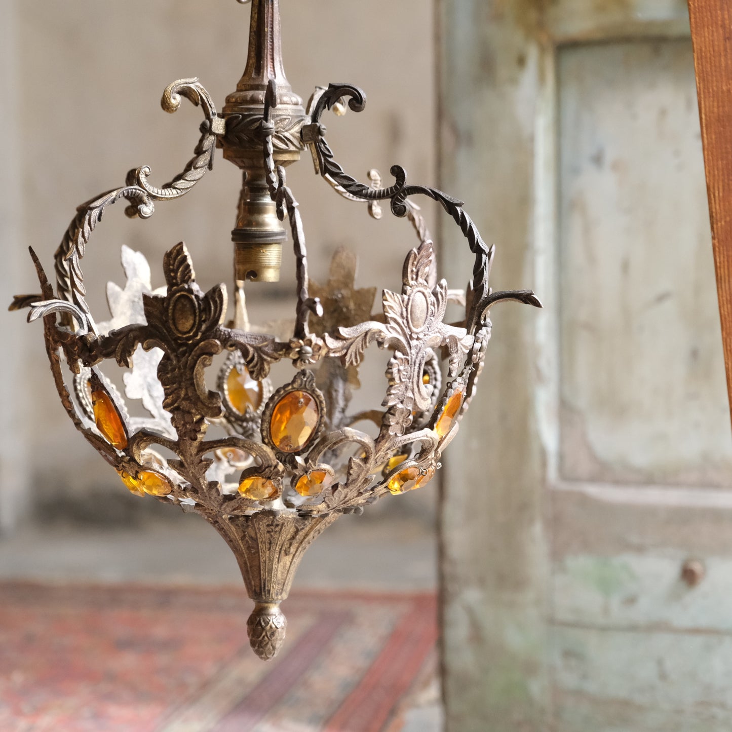 Cast Brass Lamp fitting with Amber Coloured Glass Beads