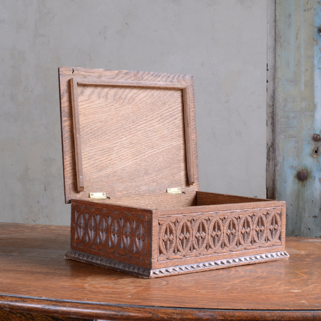 Finely Chip Carved Oak Box - Frisian work, Leather base, 1920’s