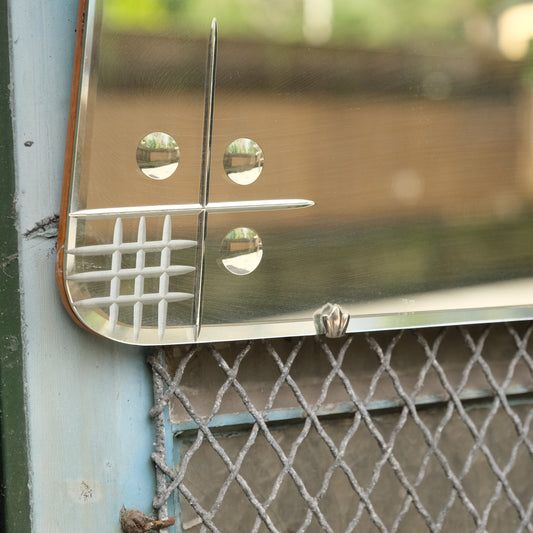 1930's Frameless Mirror - 8 Sorcerers type bullseyes & bright cut cross hatching.