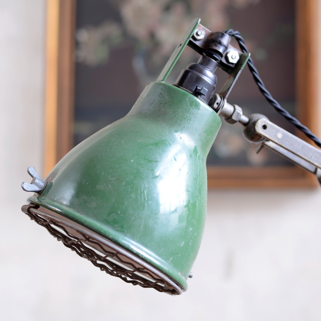 Adjustable Clamping Task Lamp with Green Enamel Shade.