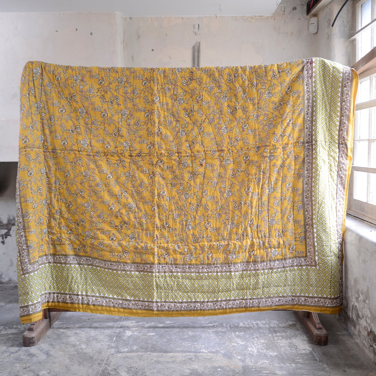 Kingsize Reversible Block-Print Cotton Padded Quilt | Mustard & Red & Yellow Flowers