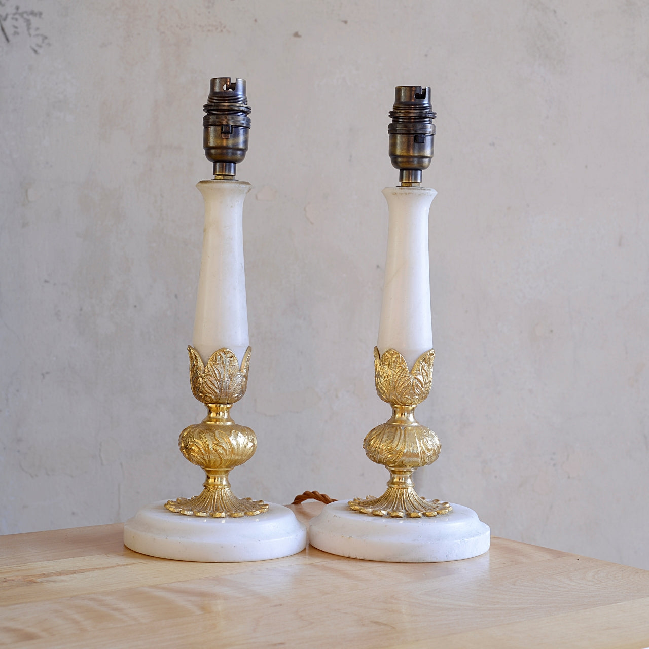 Pair French White Alabaster & Gilt Brass Table Lamps