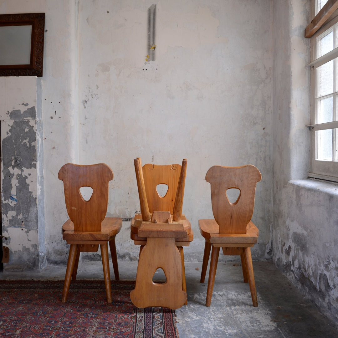 Brutalist Pine 1970’s Bistro Table and Six Chairs by Zydel REDYK B