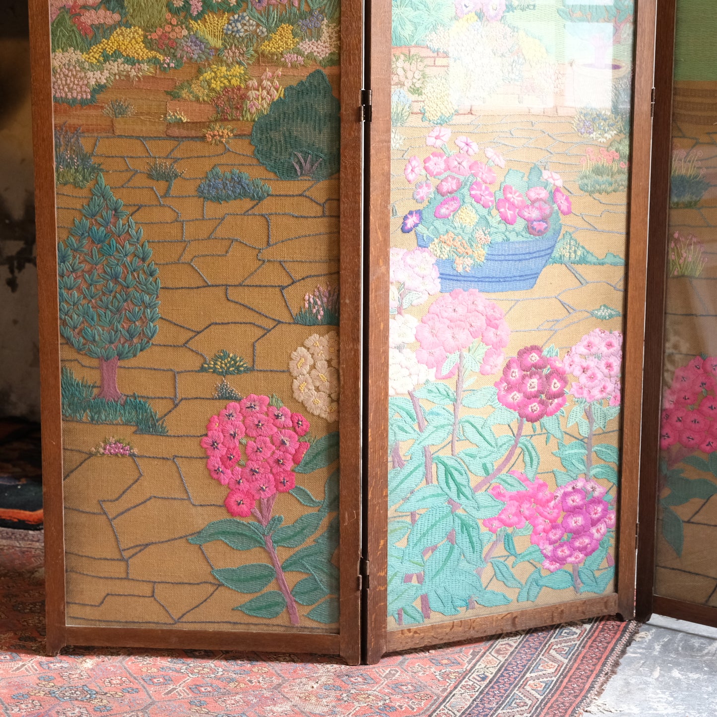 1940’s profusely Embroidered 3 Part Folding Screen