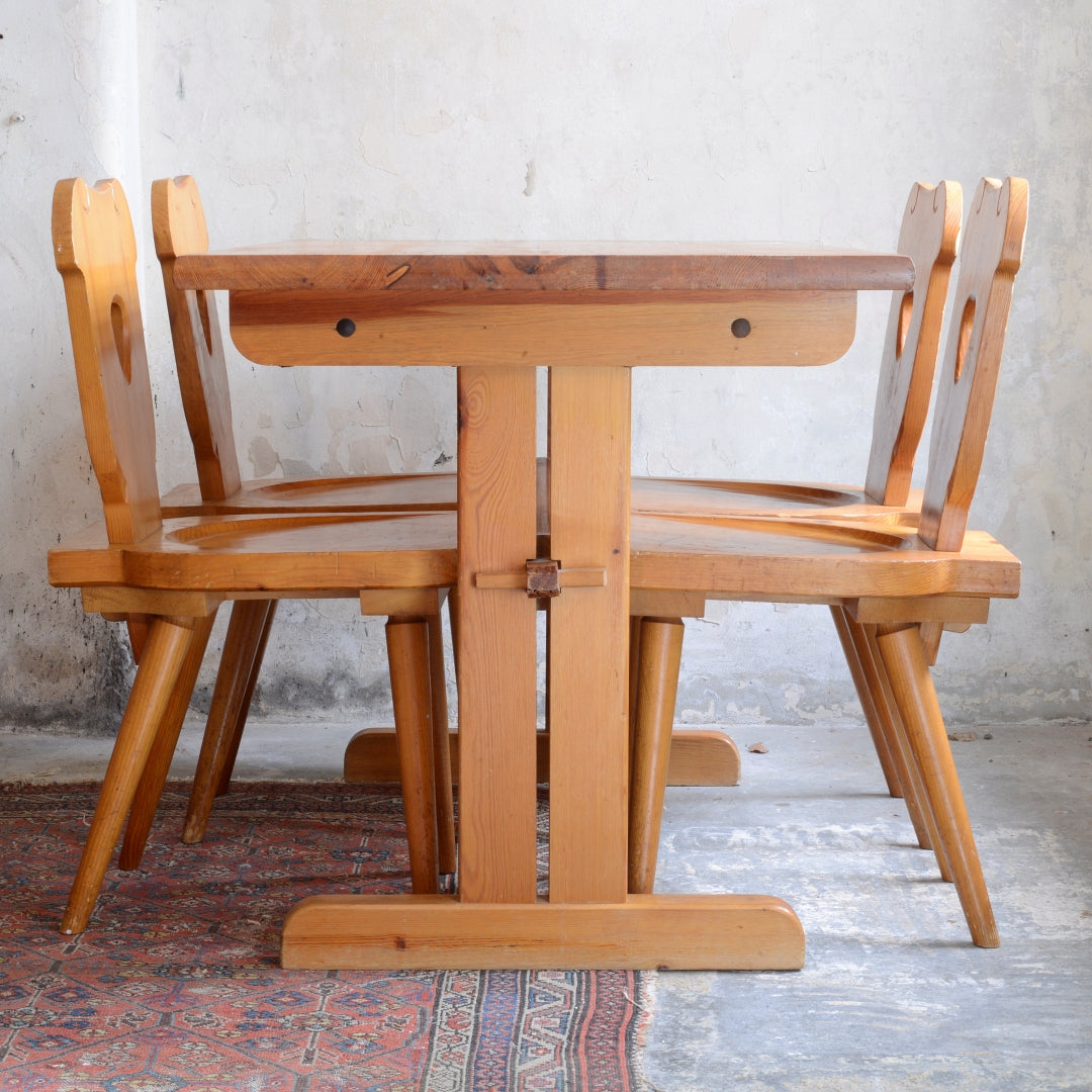 Brutalist Pine 1970’s Bistro Table and Six Chairs by Zydel REDYK B