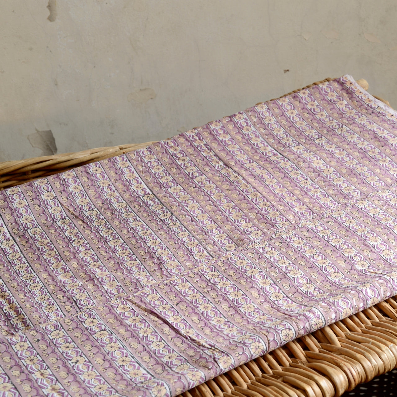 Block Print Cotton Fabric - Purple Stripe & Flowers