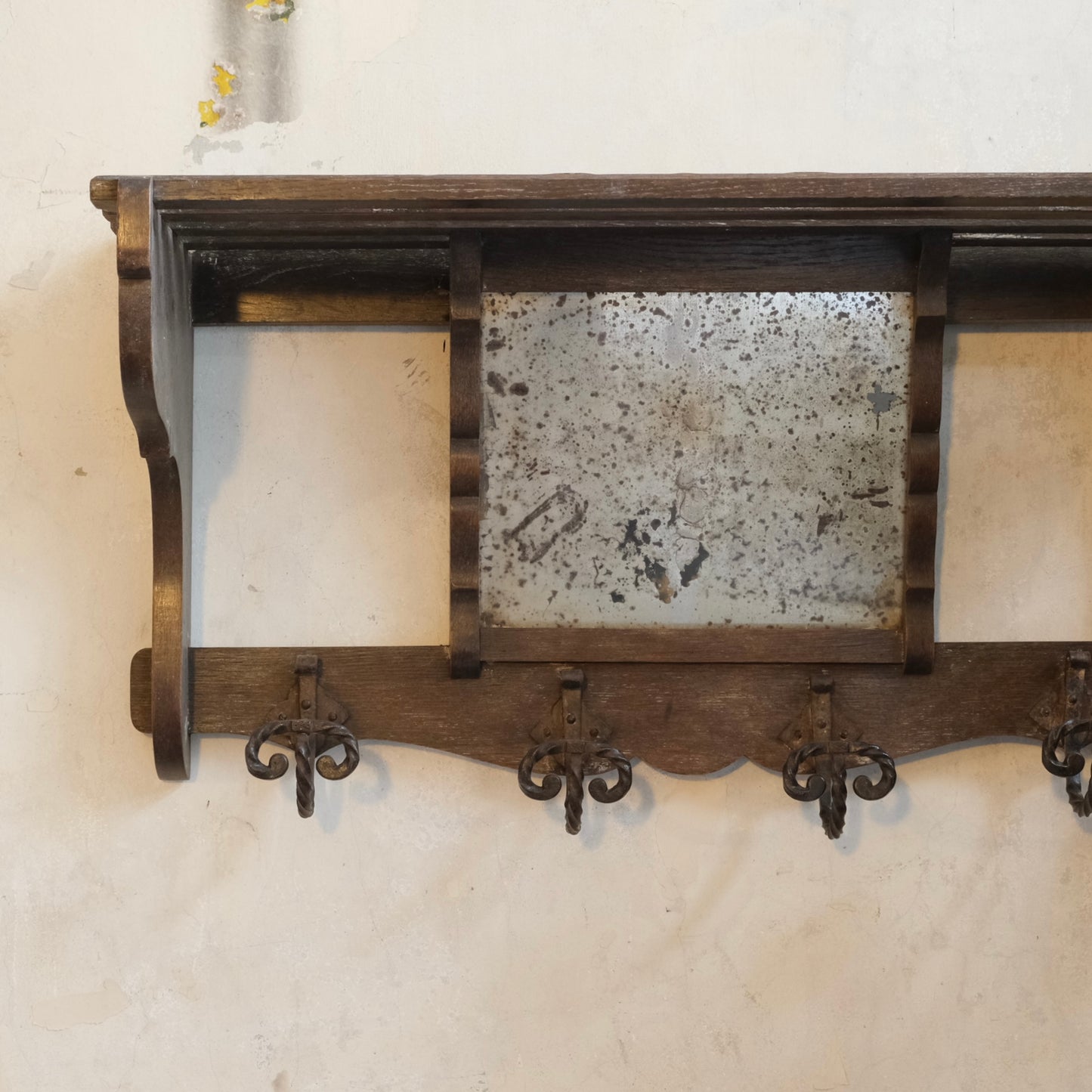 French Oak Coat and Hat Rack with distressed Mirror
