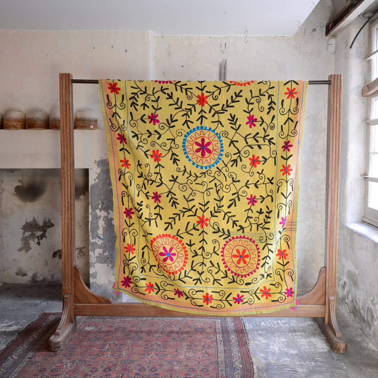 Vintage Finestitch Kantha Quilt with Suzani Embroidery - F