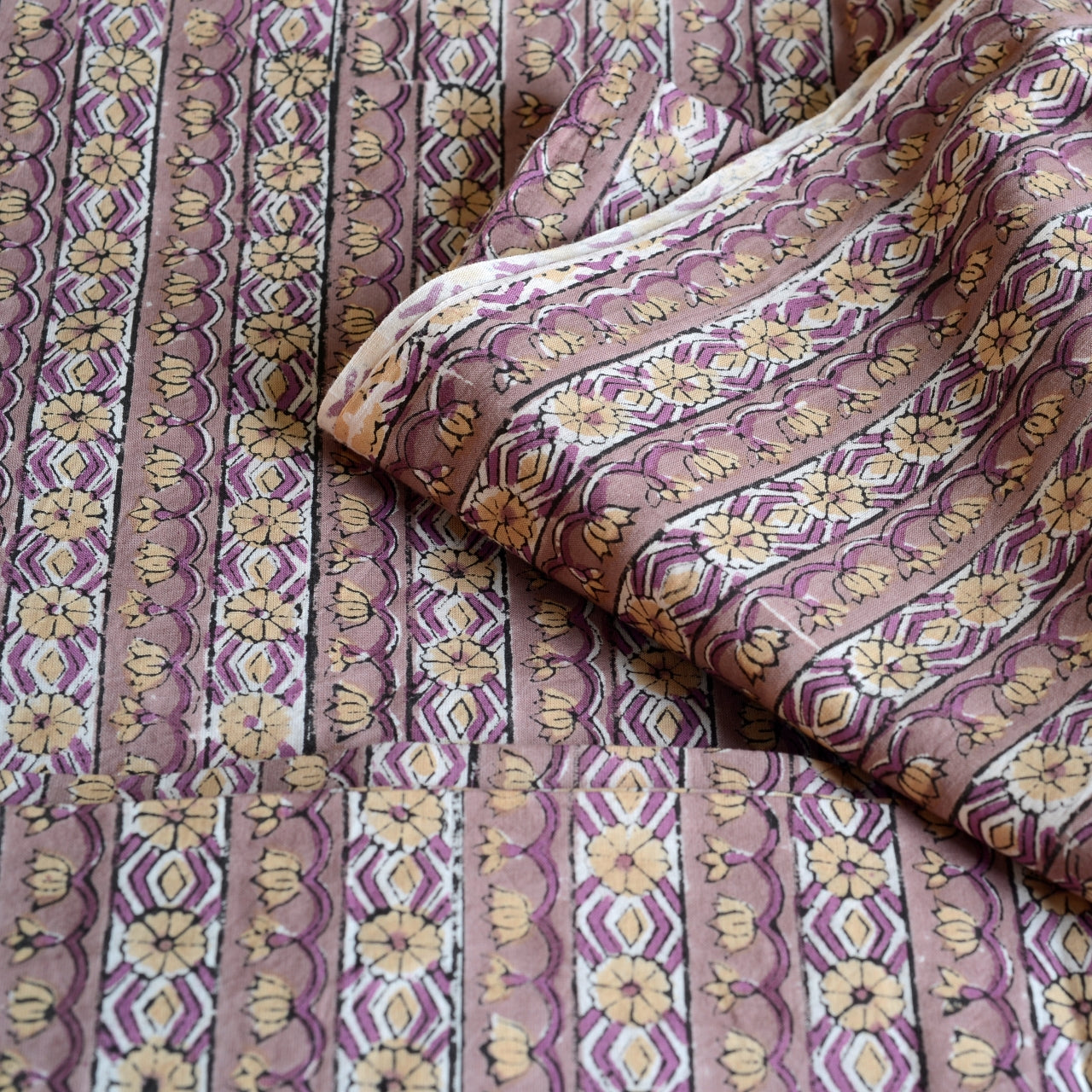 Block Print Cotton Fabric - Purple Stripe & Flowers