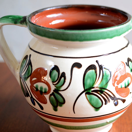 Hungarian Folk Art Green on Cream Slipware Pot