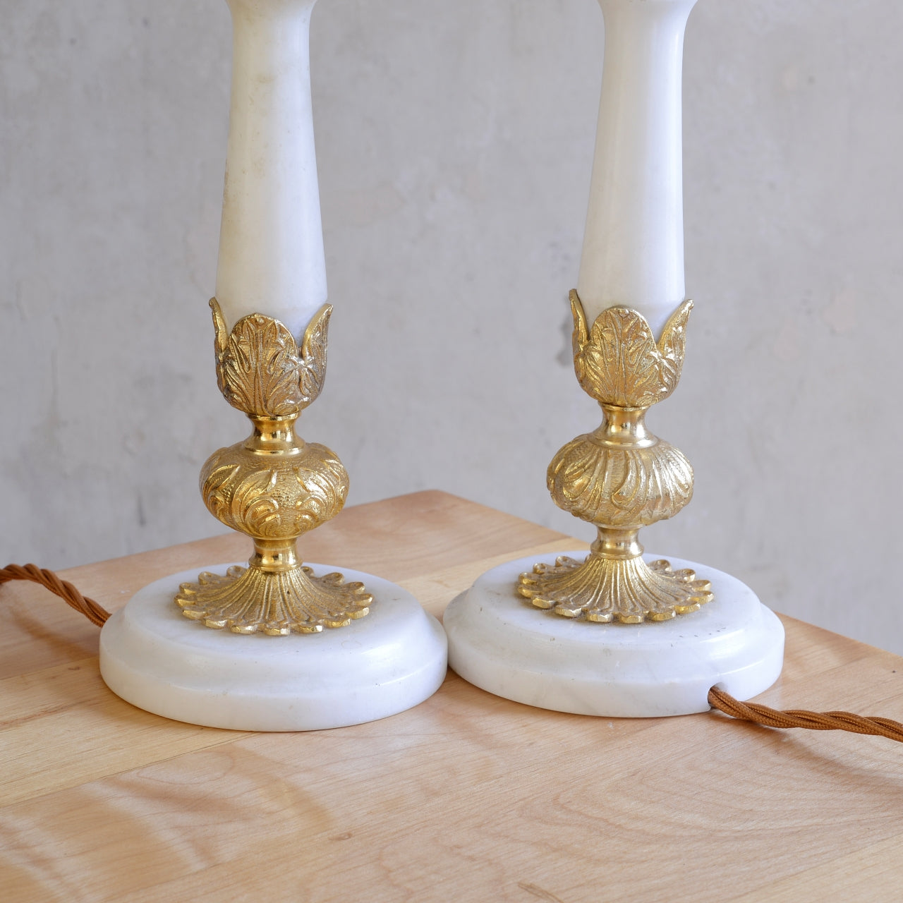 Pair French White Alabaster & Gilt Brass Table Lamps