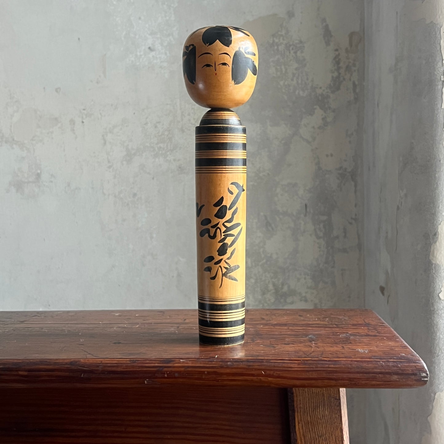 Traditional Japanese Folk Art Kokeshi Doll - Black Flowers & Rings