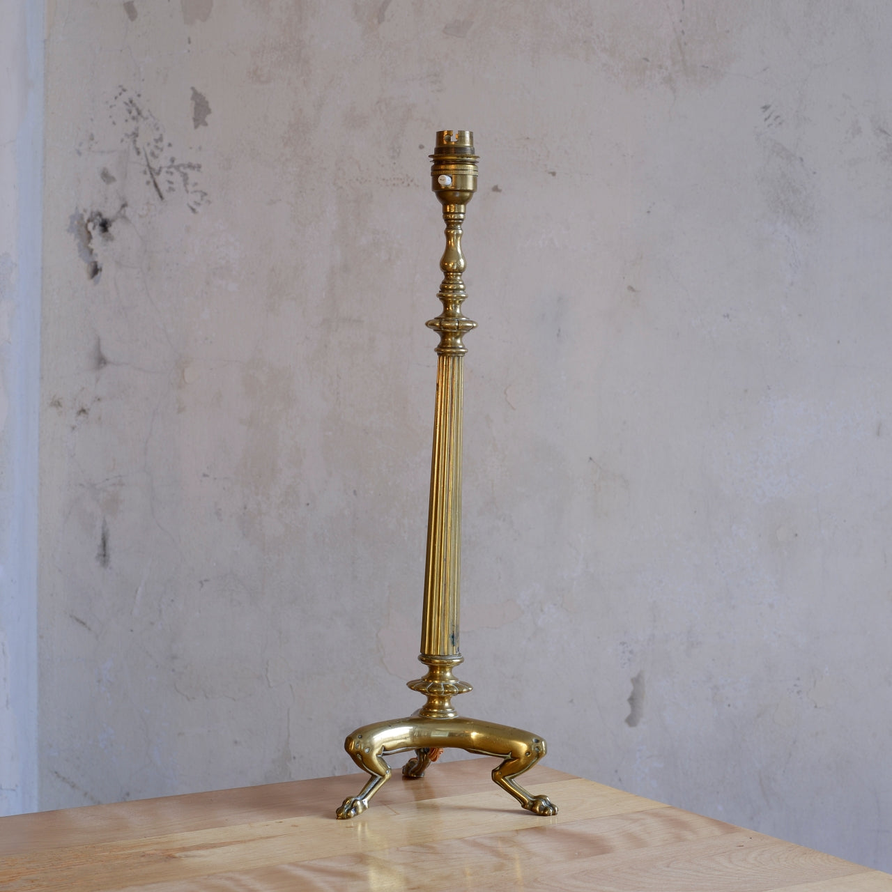 Antique Brass Column Table Lamp, raised on three paw feet