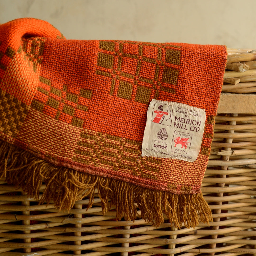 Burnt Orange Welsh Blanket Bedspread - Merion Mill 1960’s - 2.5m by 2.5m