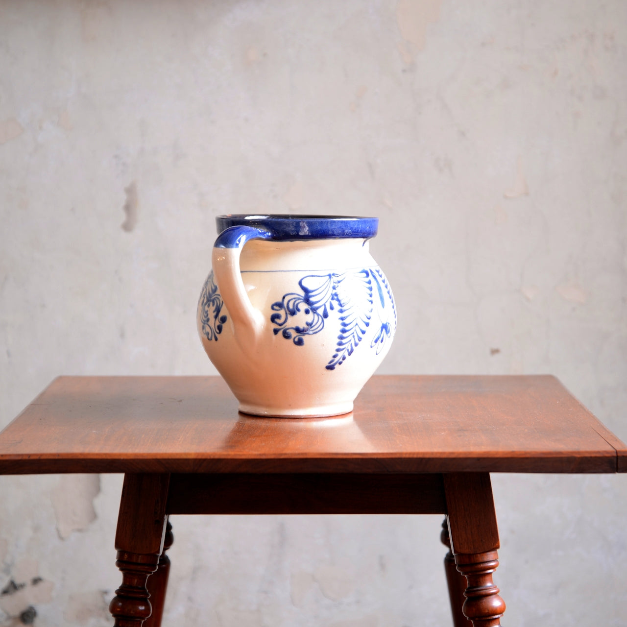 Hungarian Folk Art Blue on Cream Slipware Pot