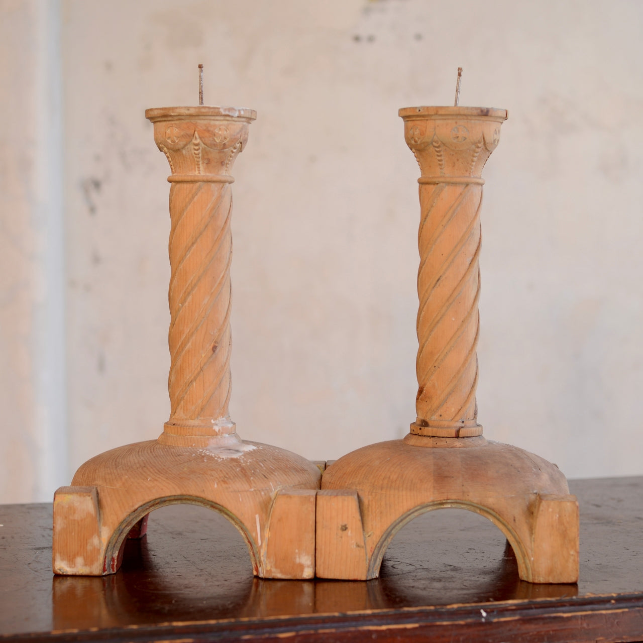 Pair 19thC Pine Spiral Column Candleholders