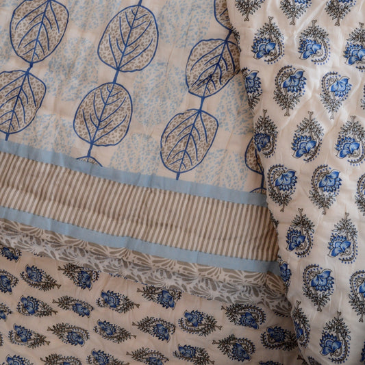 Blue & White Leaves & Flowers - Reversible Block-Print Cotton Padded Quilt