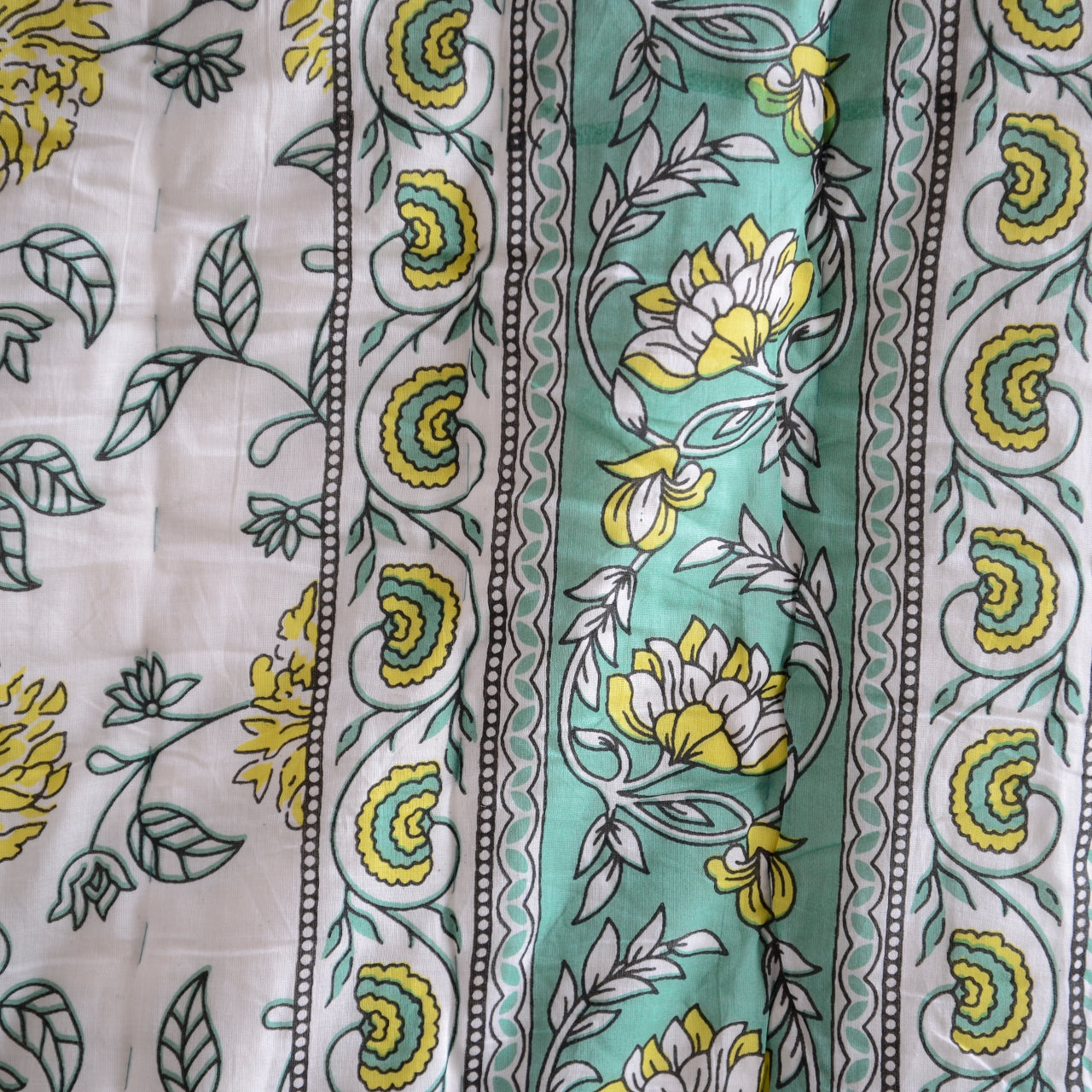 Kingsize Reversible Block-Print Cotton Padded Quilt | Pale Turquoise & Flowers