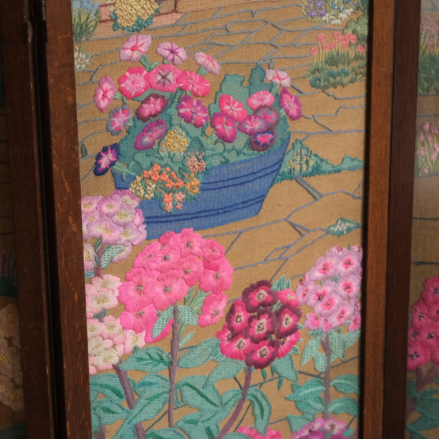 1940’s profusely Embroidered 3 Part Folding Screen