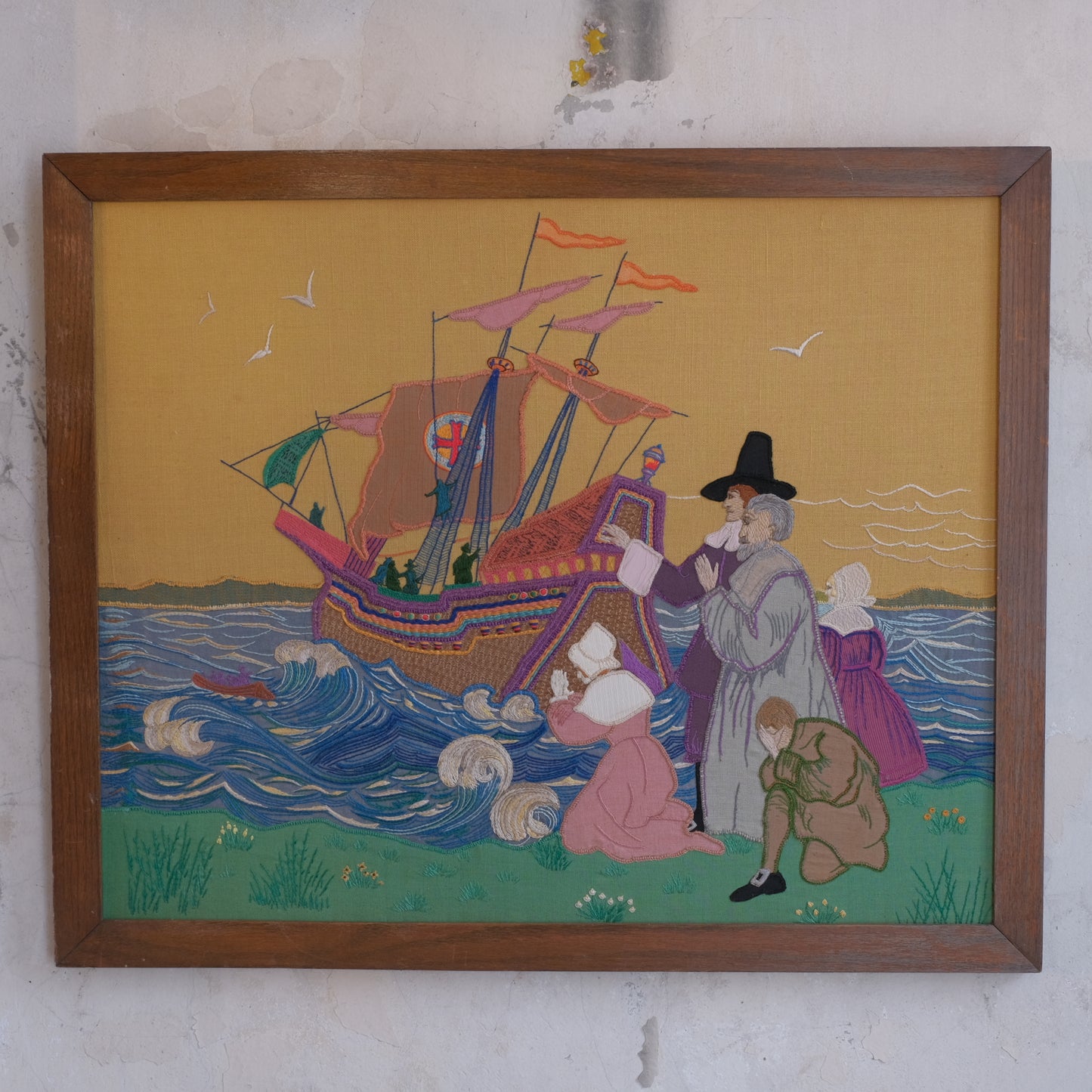 1930's Embroidery depicting Christopher Columbus' ships departure