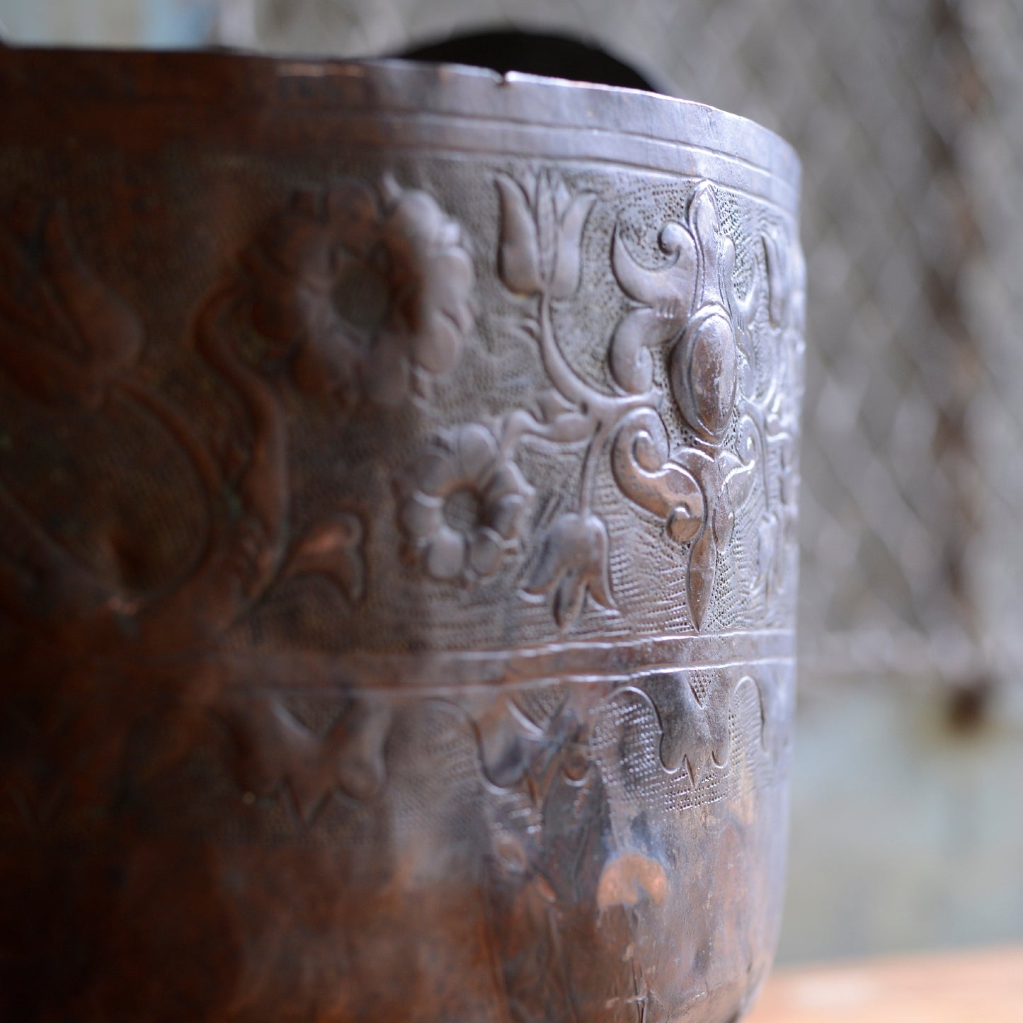 Antique Hand Embossed and Chiselled Decorative Copper Bucket