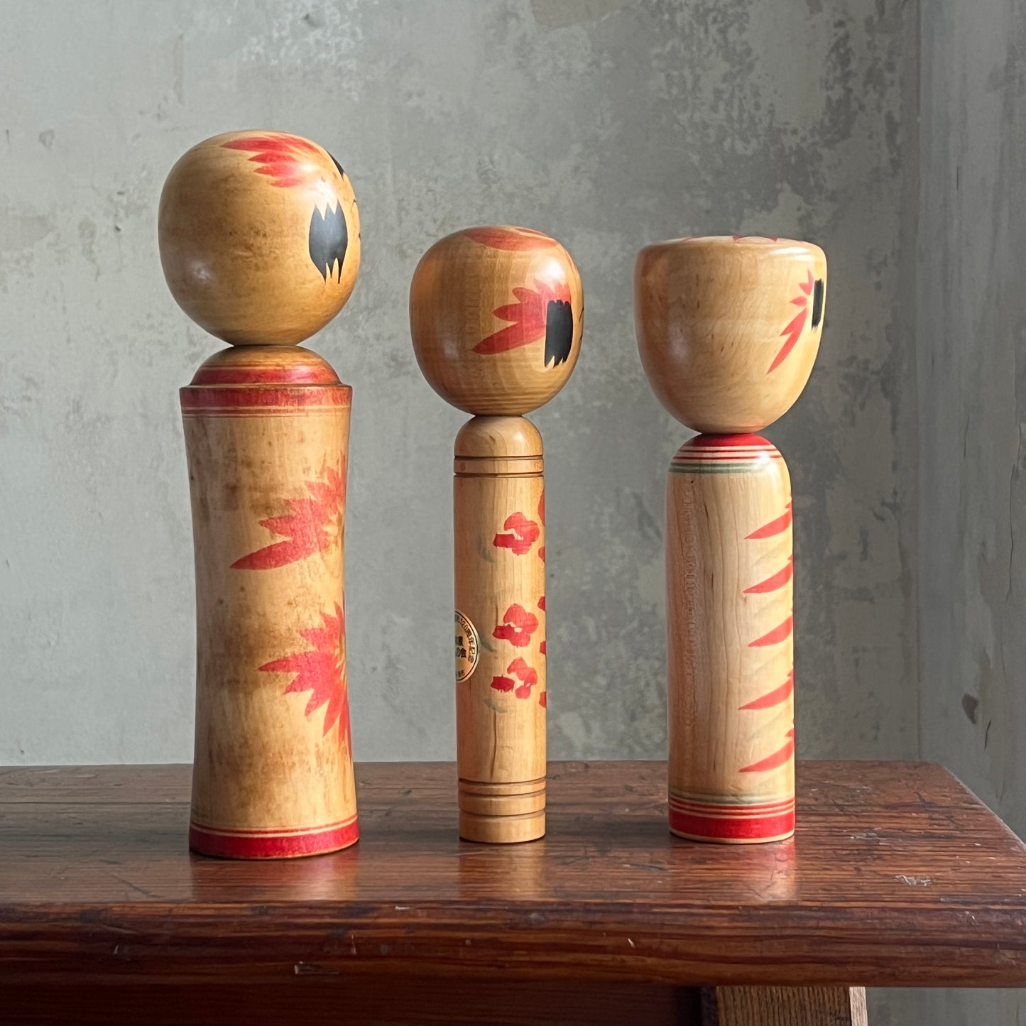 Set of 3 Traditional Japanese Folk Art Kokeshi Dolls - Red Flowers