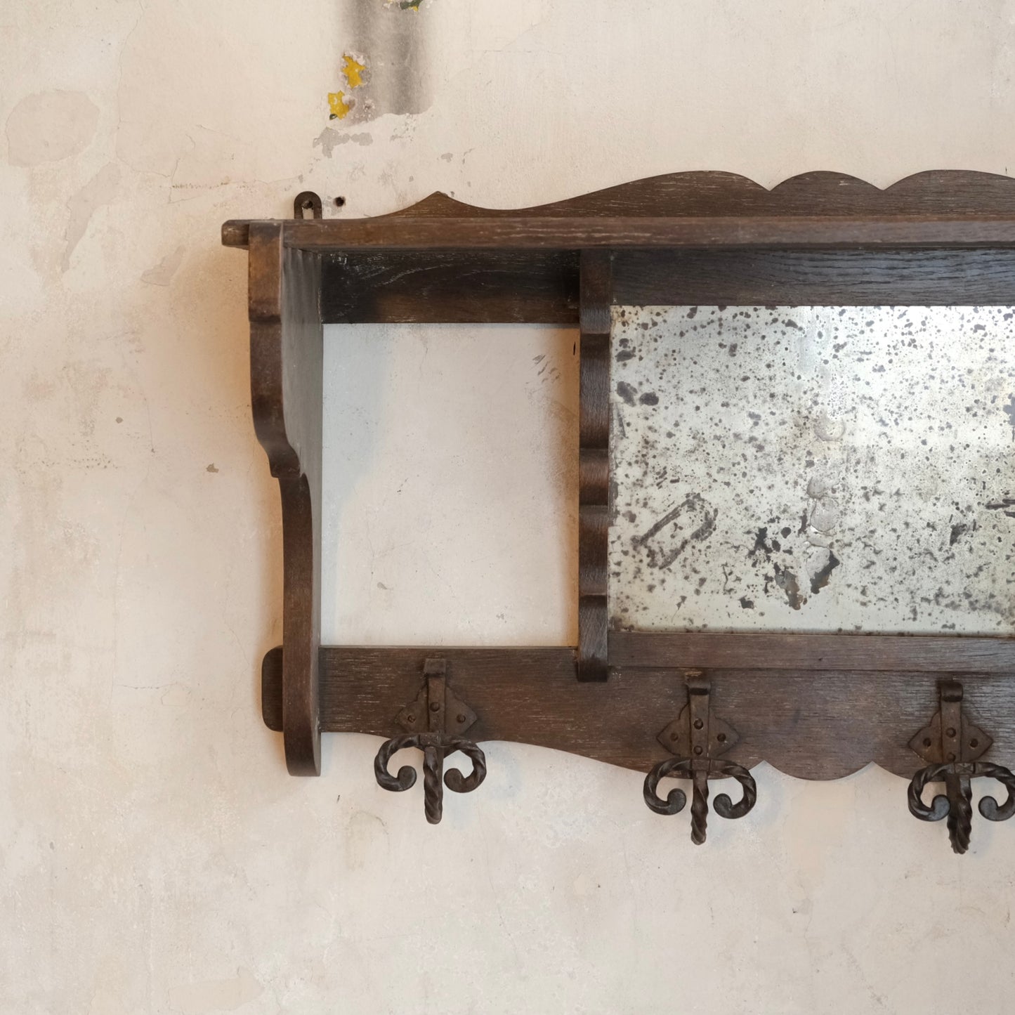 French Oak Coat and Hat Rack with distressed Mirror