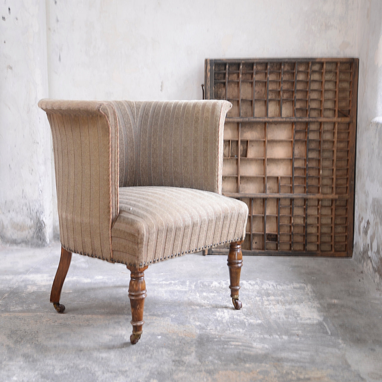 19thC Upholstered Tub Chair - Flared top edge