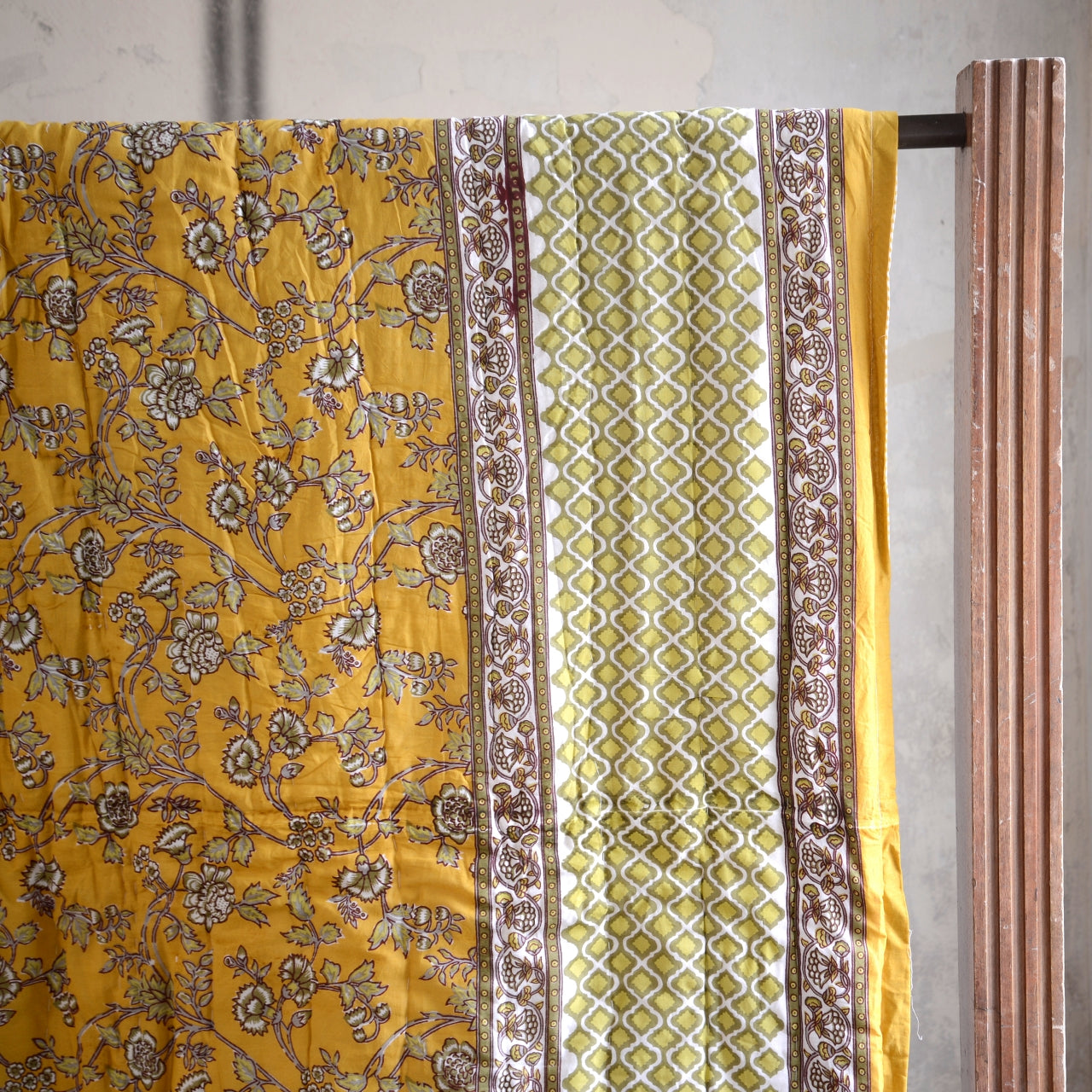 Kingsize Reversible Block-Print Cotton Padded Quilt | Mustard & Olive Flowers