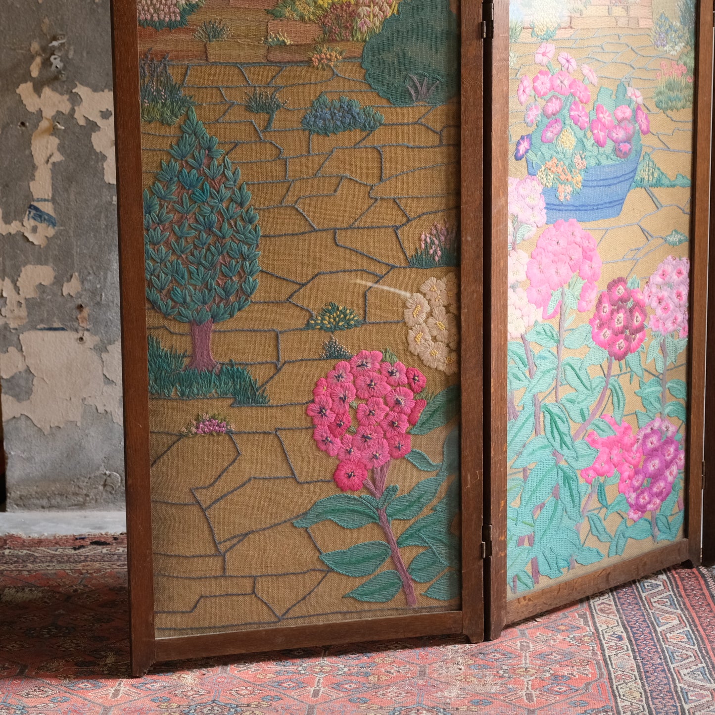 1940’s profusely Embroidered 3 Part Folding Screen