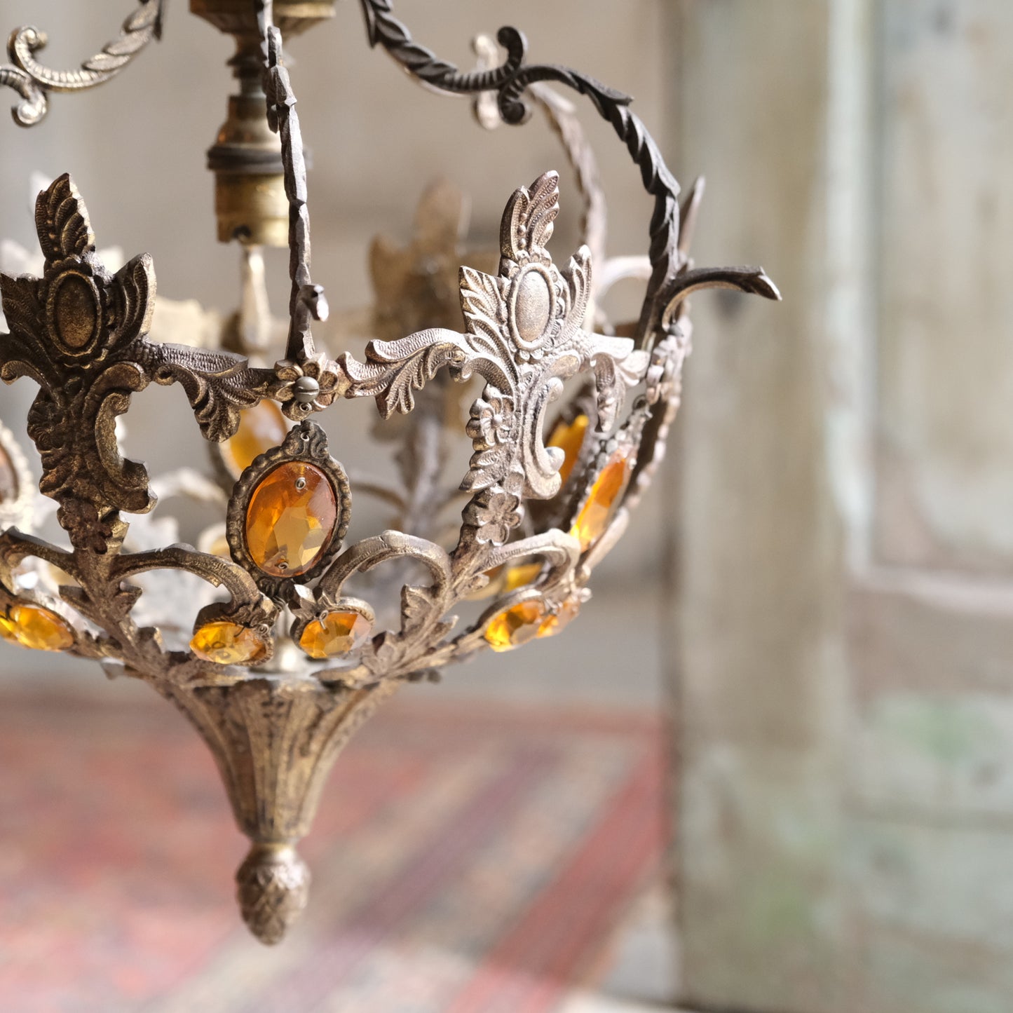 Cast Brass Lamp fitting with Amber Coloured Glass Beads