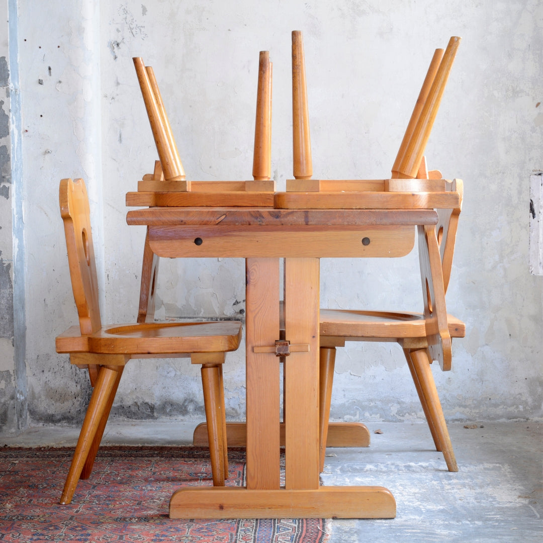 Brutalist Pine 1970’s Bistro Table and Six Chairs by Zydel REDYK B