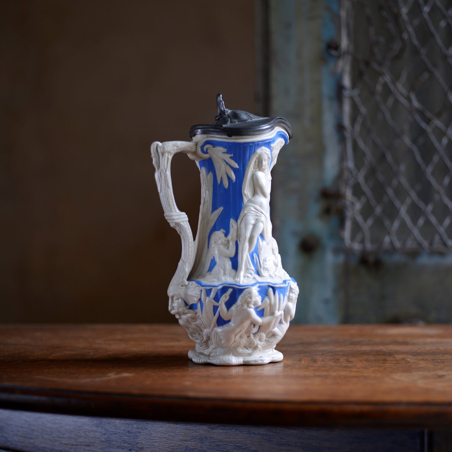 Parian ware Charles Meigh Blue & White Pitcher