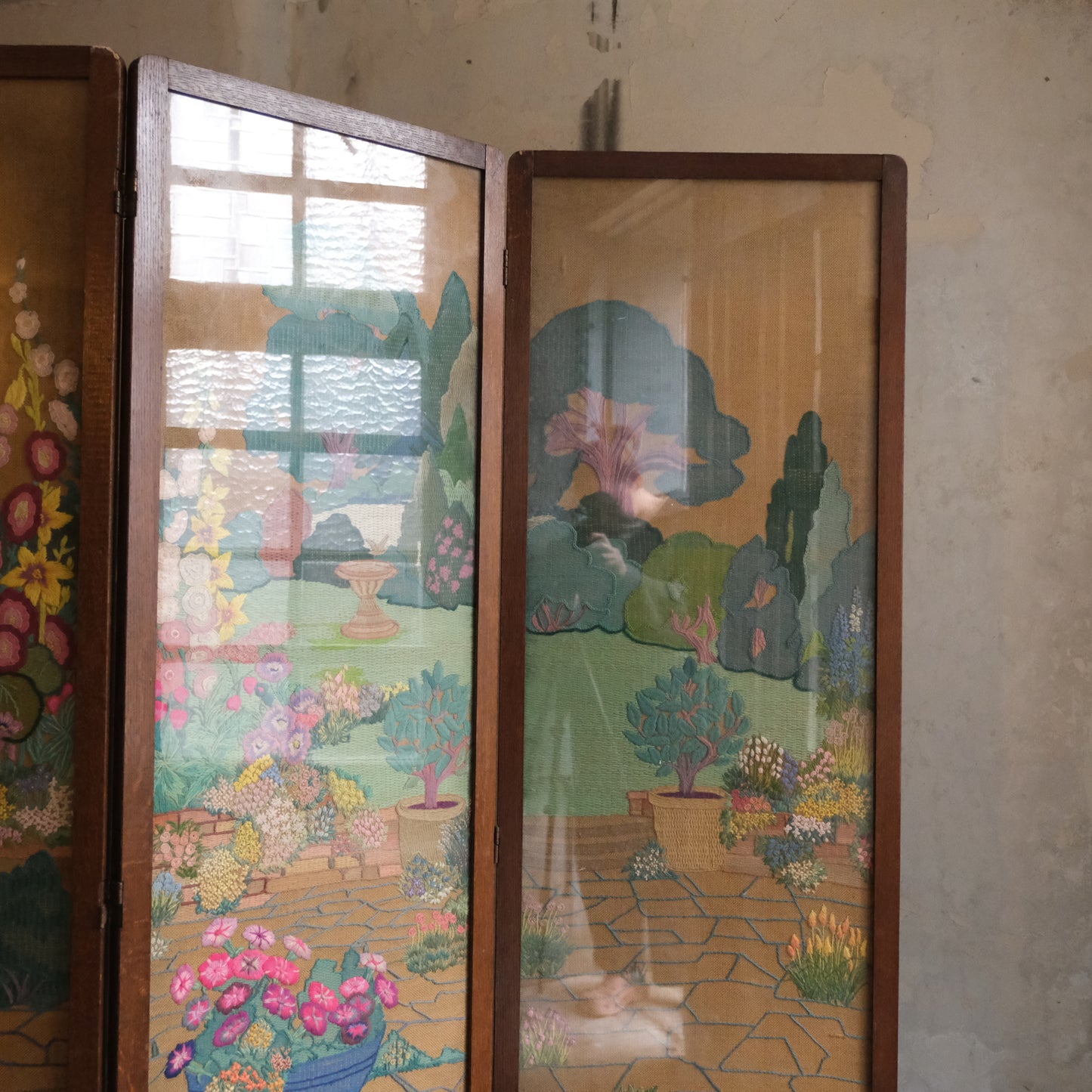 1940’s profusely Embroidered 3 Part Folding Screen