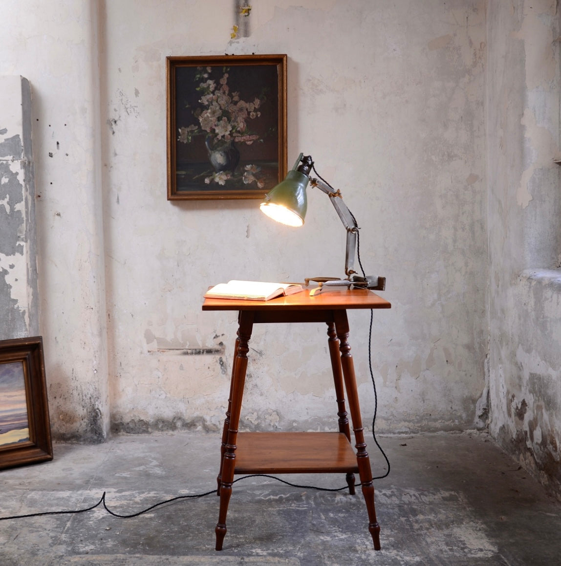 Adjustable Clamping Task Lamp with Green Enamel Shade.