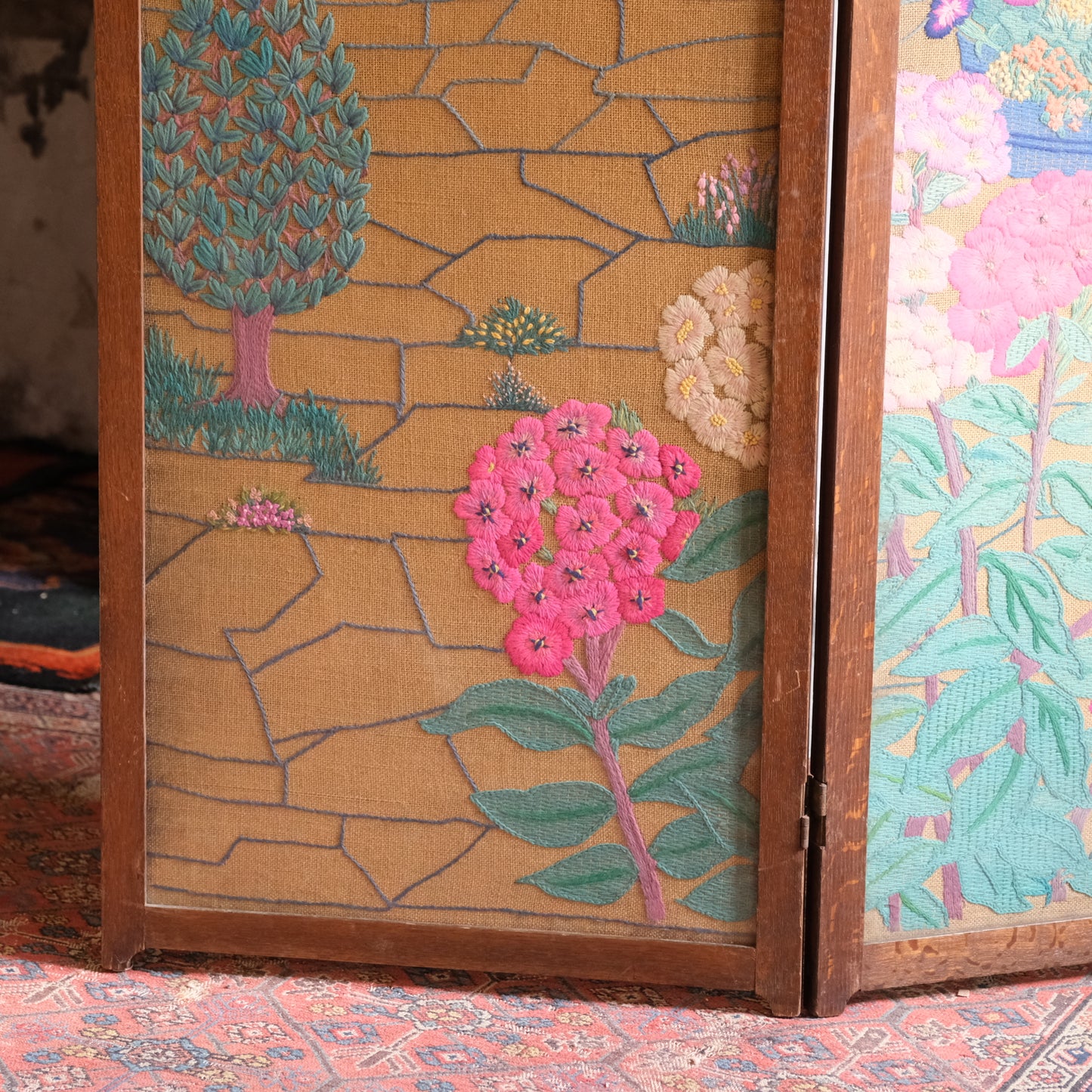 1940’s profusely Embroidered 3 Part Folding Screen