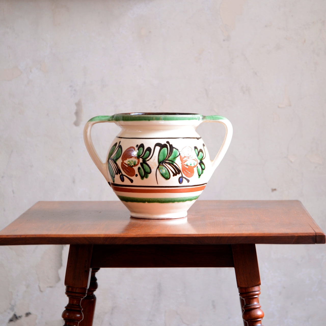 Hungarian Folk Art Green on Cream Slipware Pot