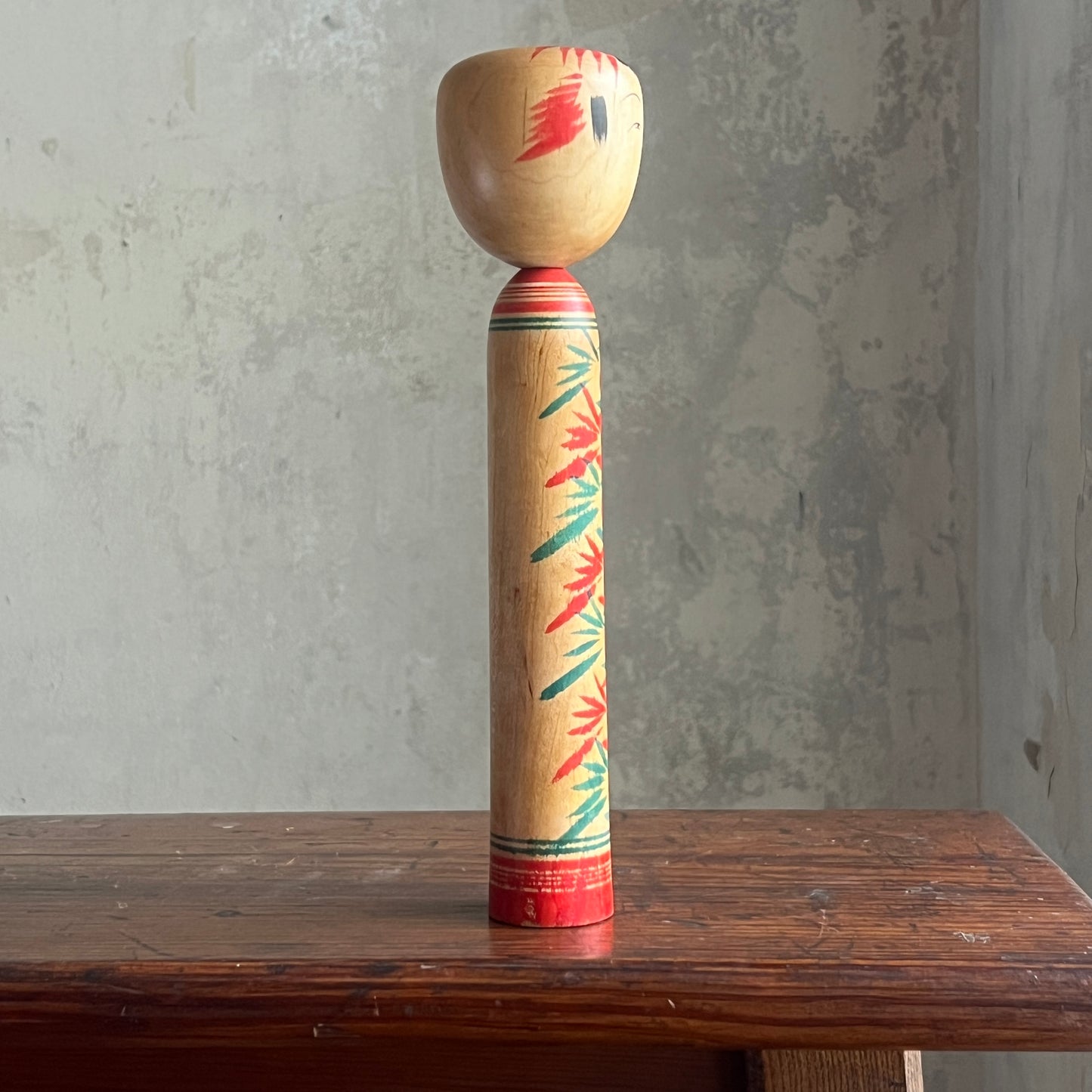 Traditional Japanese Folk Art Kokeshi Doll - Green & Red Flowers