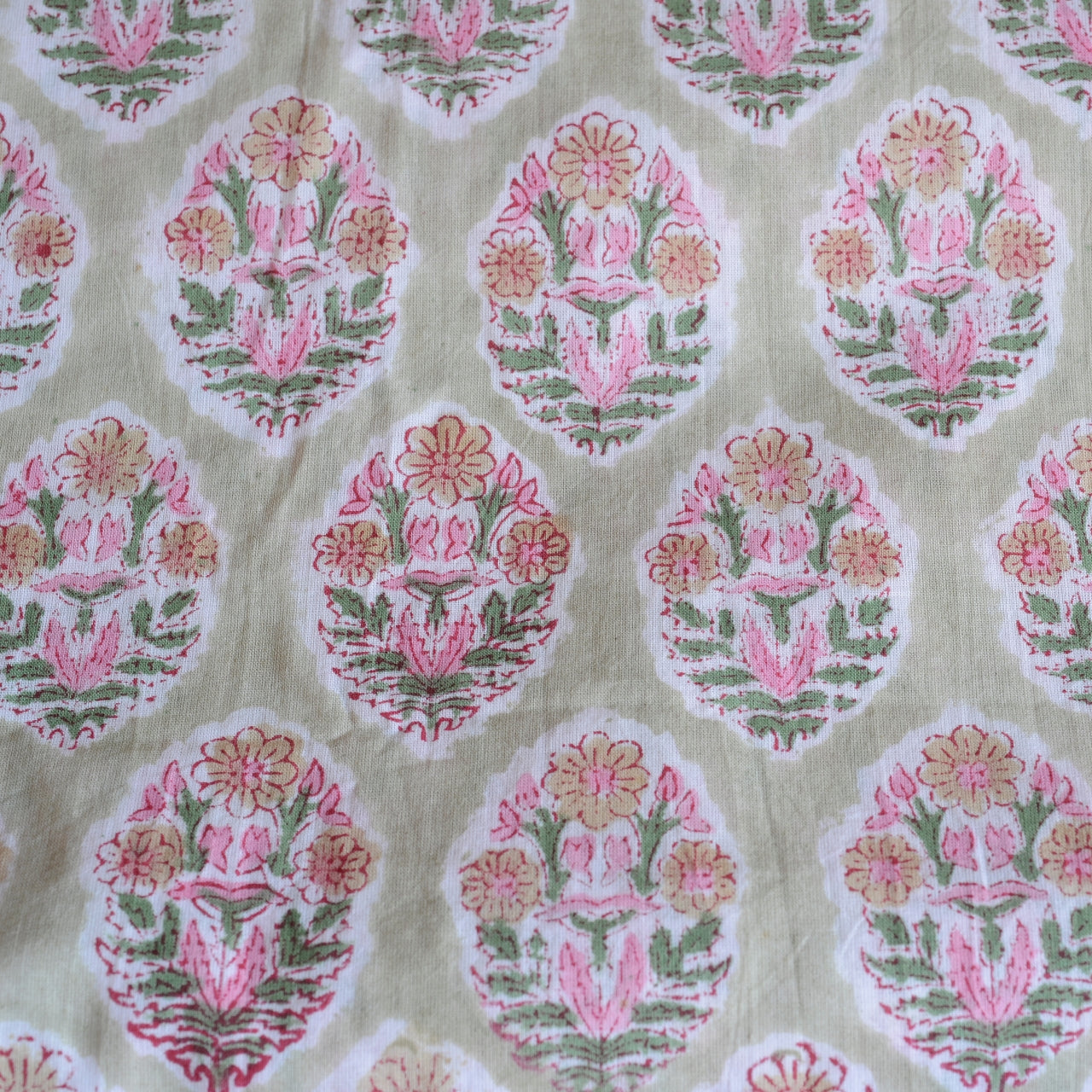 Block Print Cotton Fabric - Green & Pink Flowers