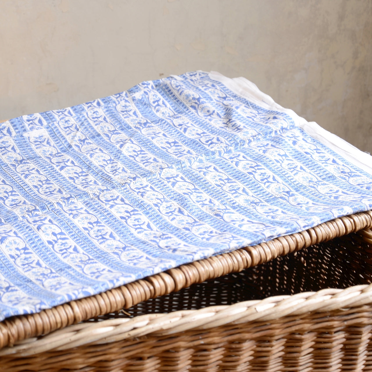 Block Print Cotton Fabric - Blue & White Flowers