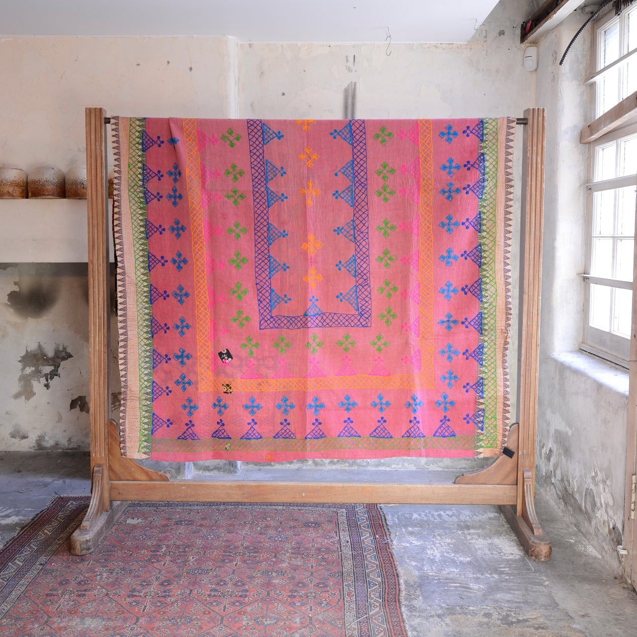 Vintage Finestitch Kantha Quilt with Suzani Embroidery - H