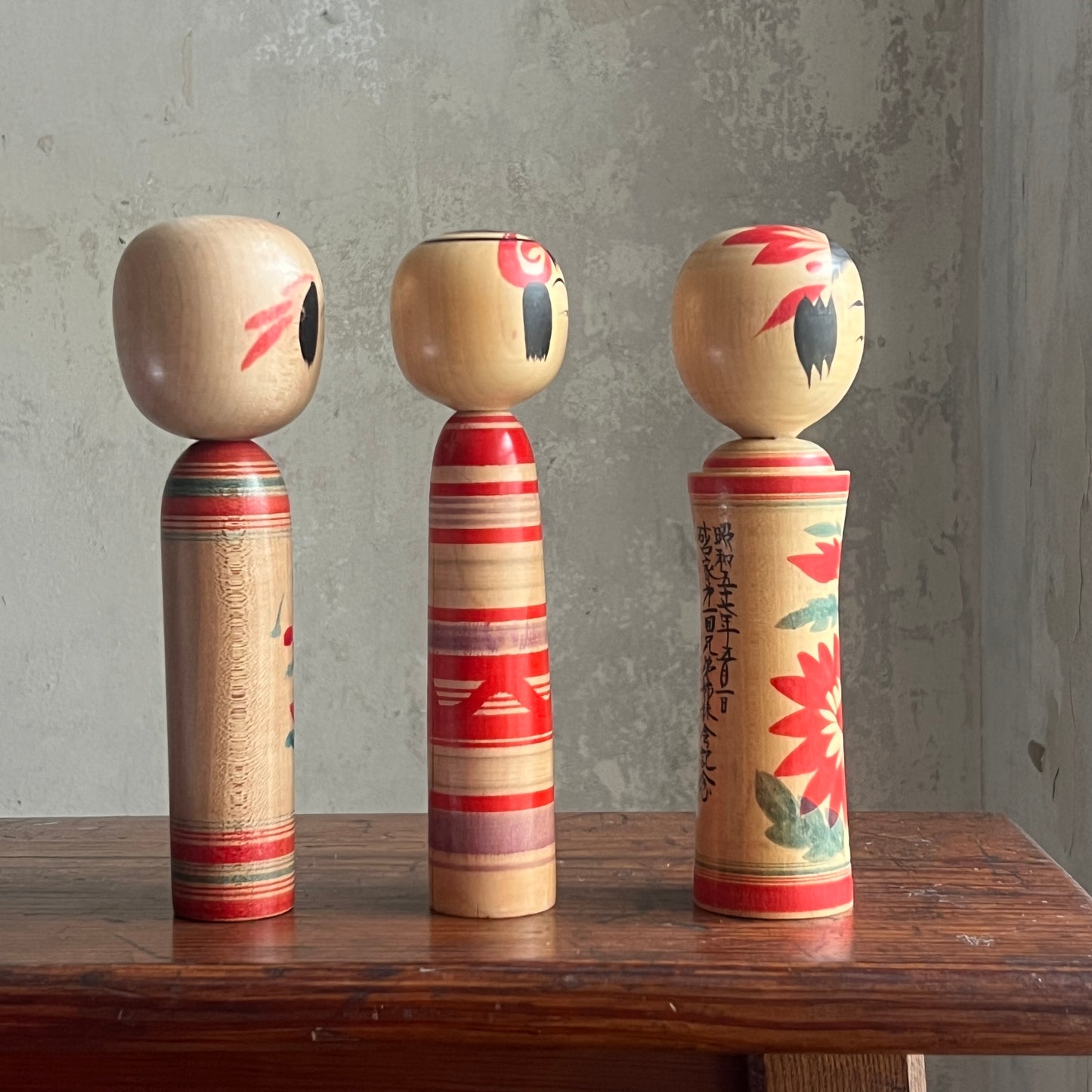 Set of 3 Traditional Japanese Folk Art Kokeshi Dolls - Flowers & Rings