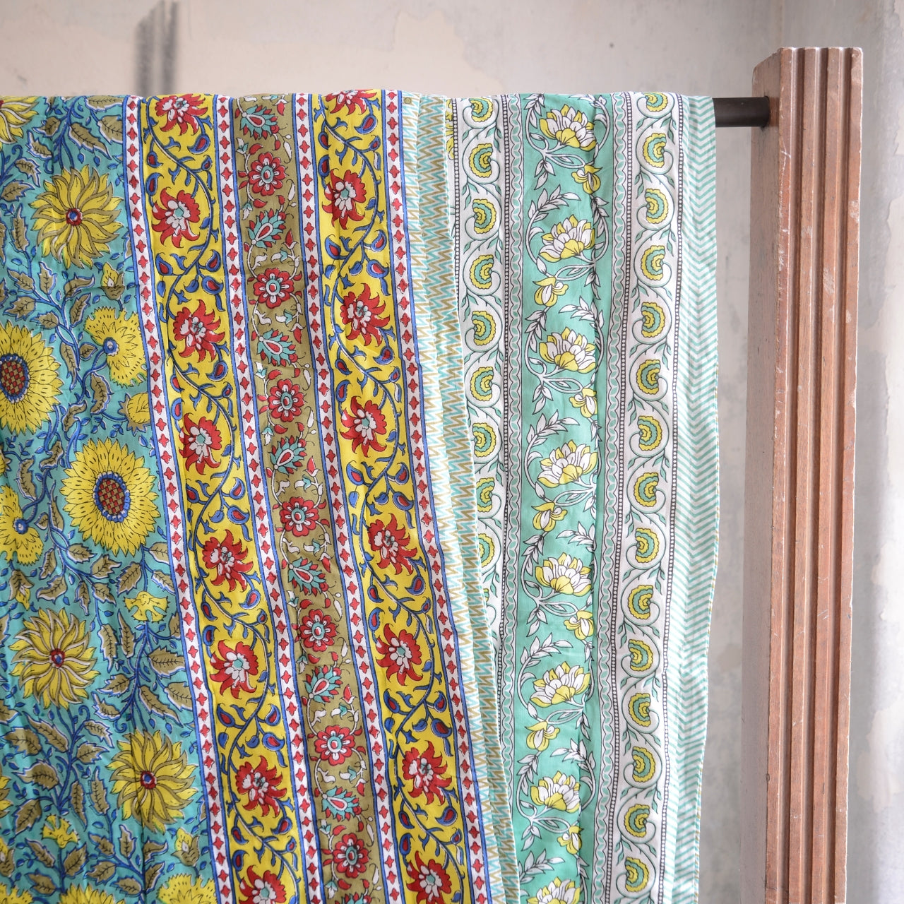 Kingsize Reversible Block-Print Cotton Padded Quilt | Pale Turquoise & Flowers