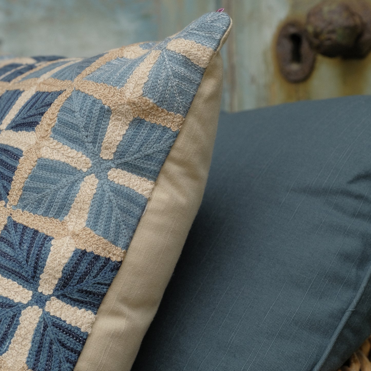 Embroidered Cushion - Blues