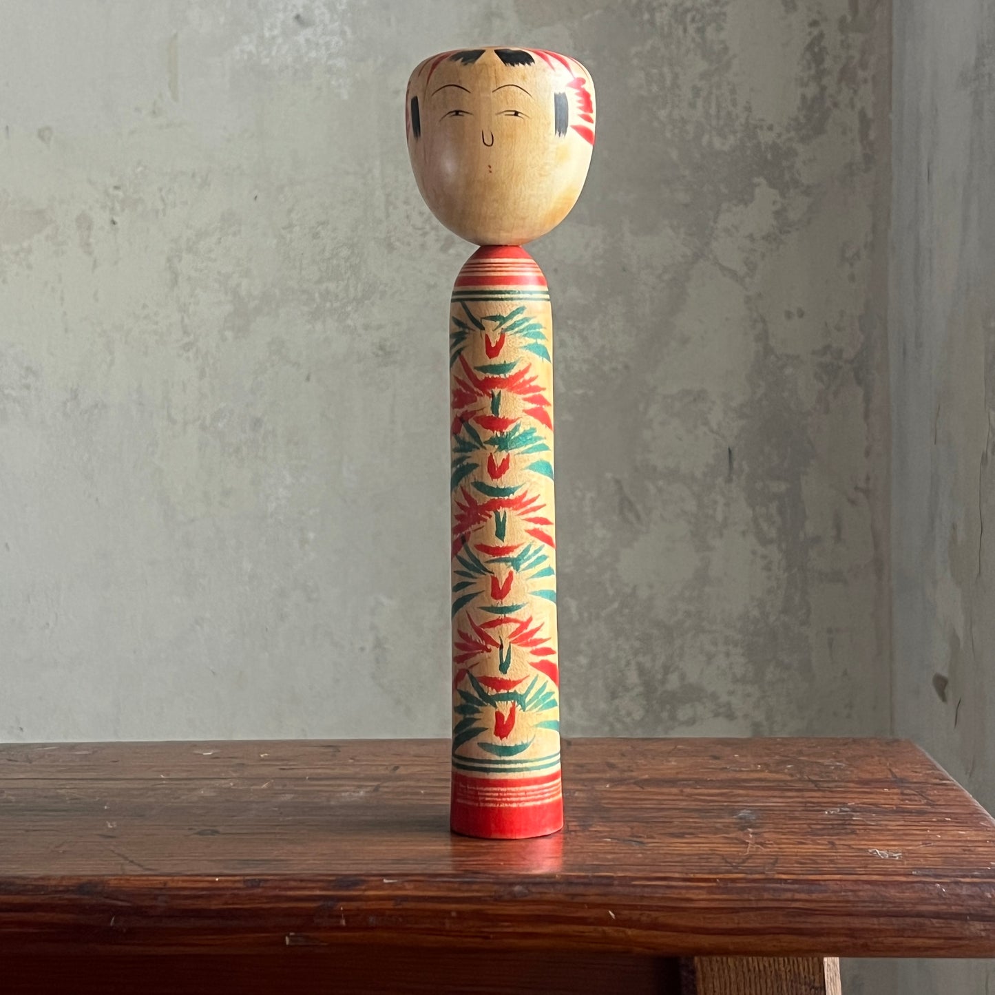 Traditional Japanese Folk Art Kokeshi Doll - Green & Red Flowers